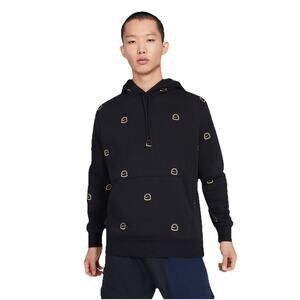 Nike Sportswear Club Hoodie Mens XXL Black Embroidered Gold All Over Print Cozy